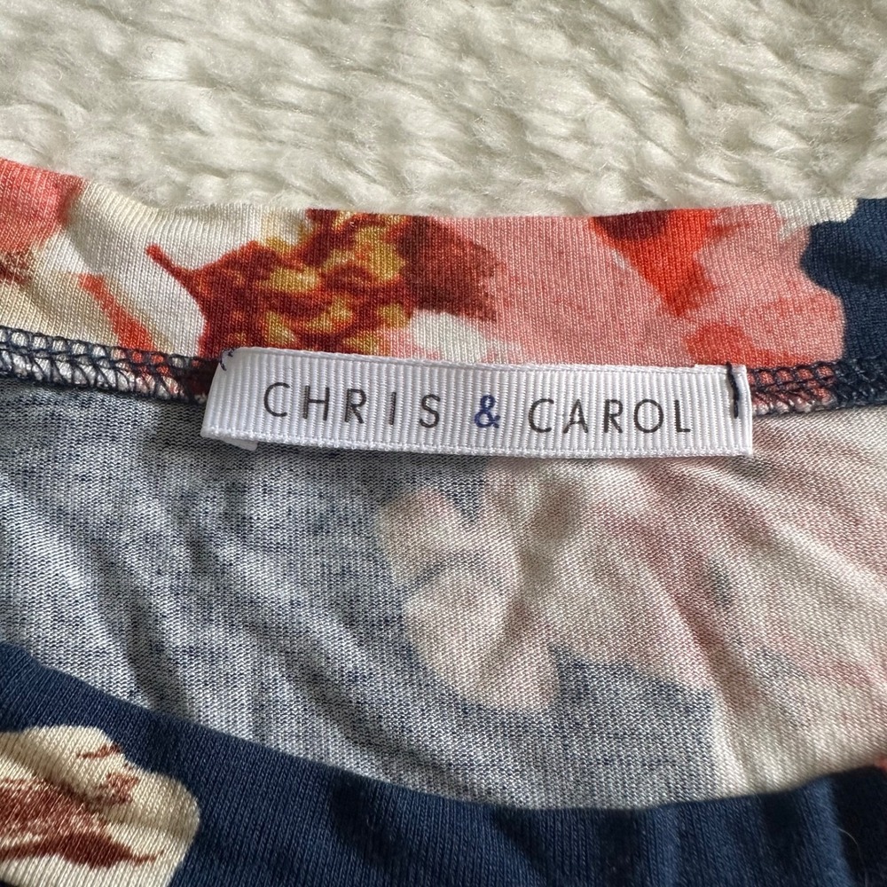Chris & Carol Floral & Striped Raglan‎ Top Women's Large L Navy Pink Made in USA - Picture 4 of 9